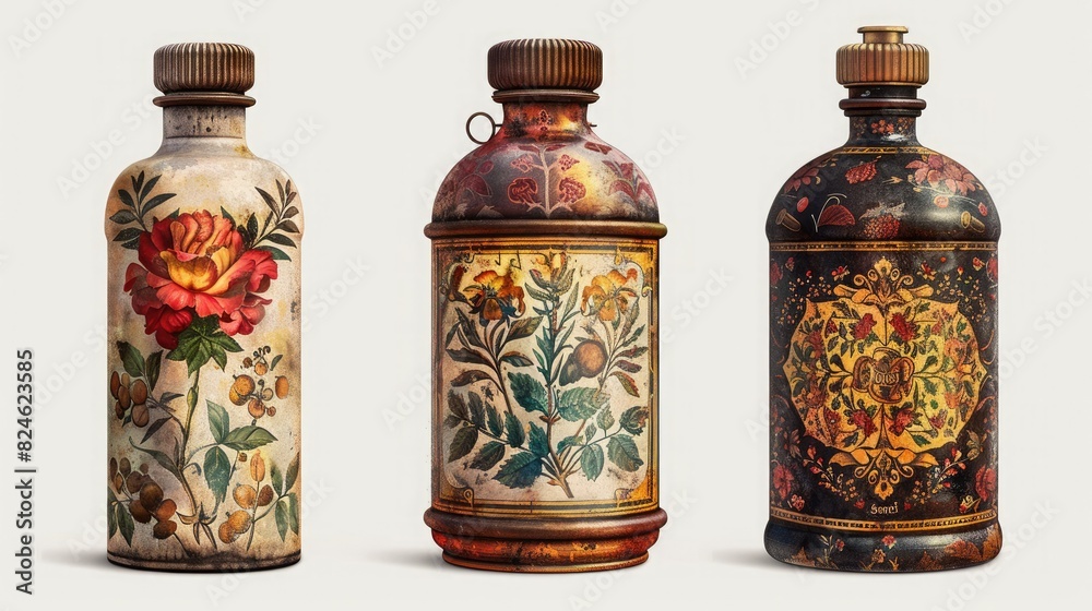 Three beautifully painted antique bottles arranged in a row, showcasing intricate floral and nature designs against a plain background. Three beautifully painted antique bottles arranged in a row, showcasing intricate floral and nature designs against a plain background.