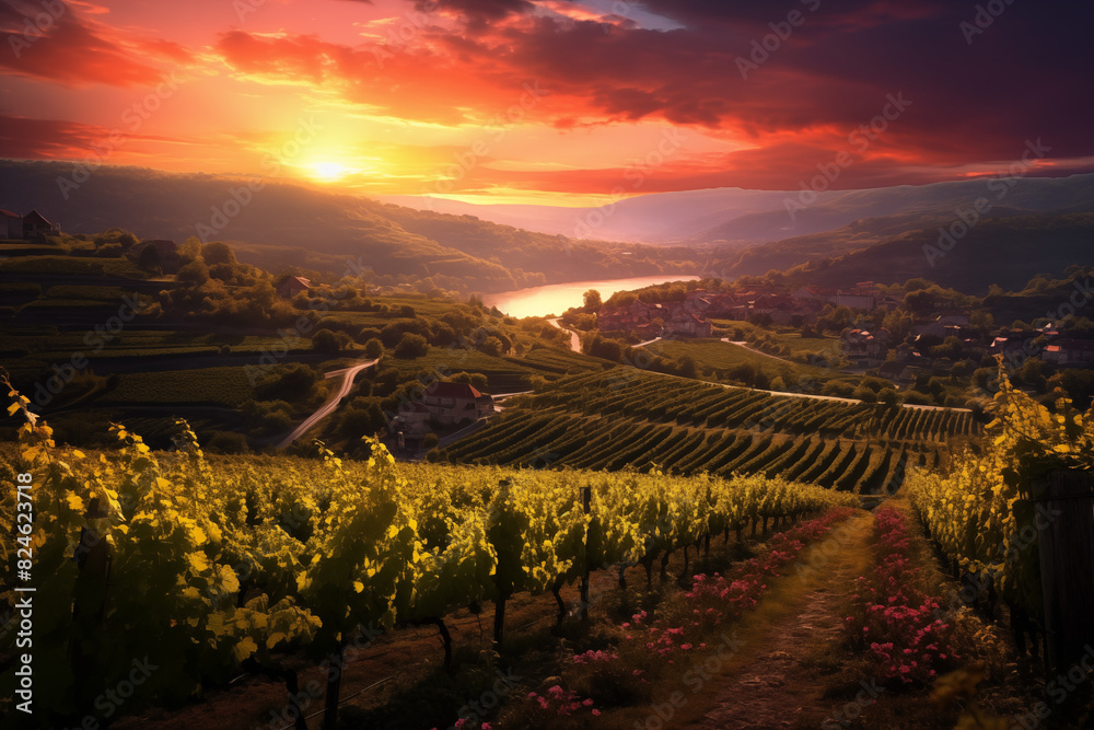 Romantic vineyards in France and Italy at sunset, energetic vibe. Generative AI tools