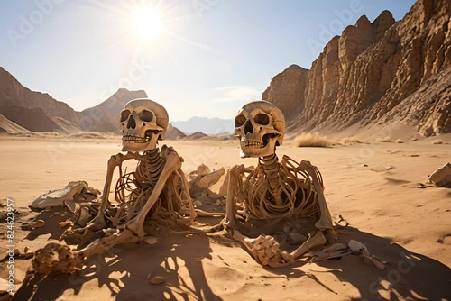 Many ancient skeletons in a desert, AI generative.

