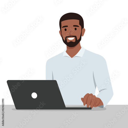 Business man entrepreneur working on a laptop computer. Flat vector illustration isolated on white background