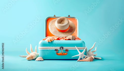 Summer creative background with straw hat, seashells on vintage suitcase or luggage isolated on fresh blue background, minimal style. Orange and blue contrast color design. Summertime travel concept.