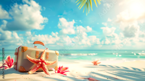 Summer creative background with starfishes with vintage suitcase or luggage on sandy beach with palm leaf shadow in front of the sea on fresh sky and cloud background with warm sunshine  copy space