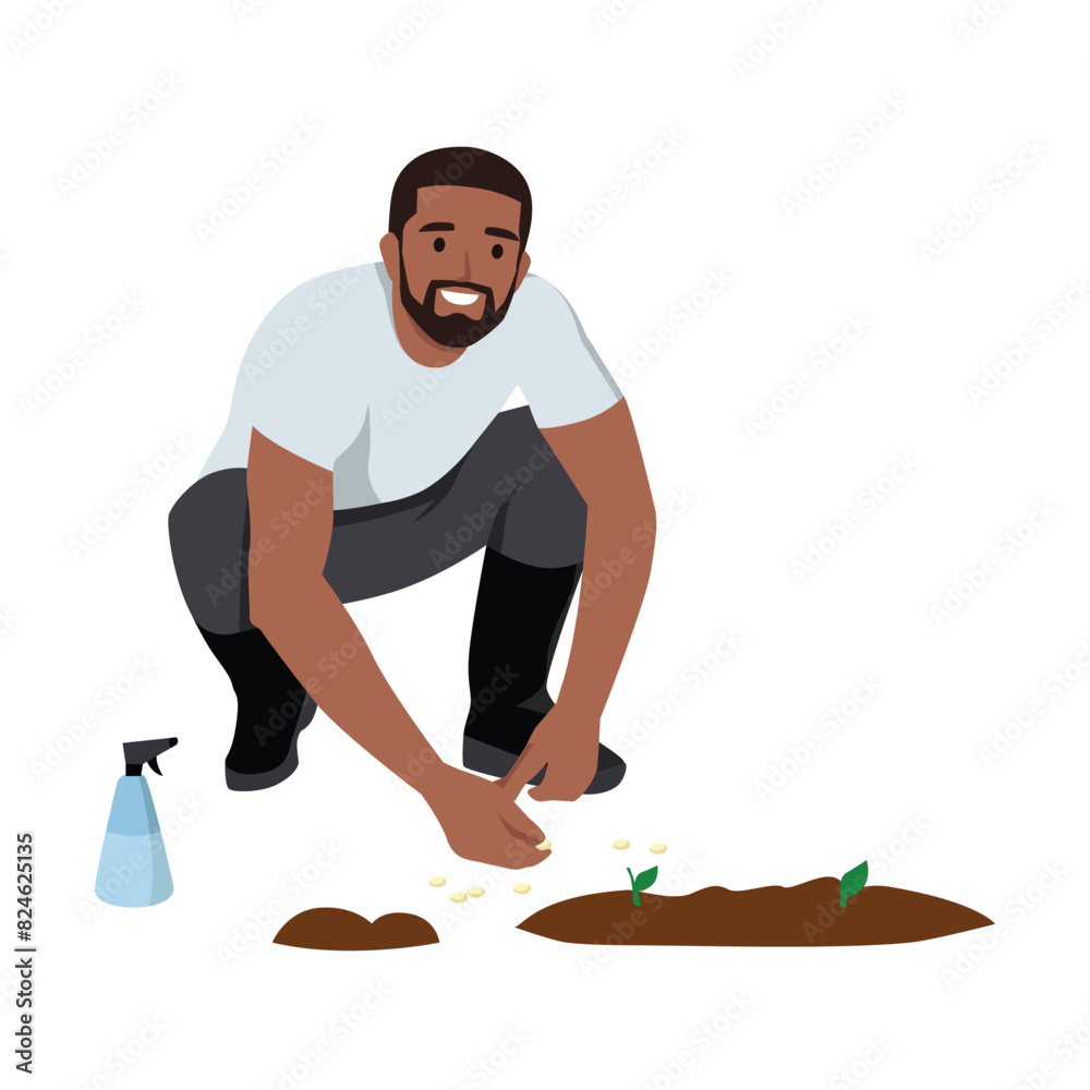 Man with shovel sitting near tree in garden. Man buries seedling in ground for planting trees. Flat vector illustration isolated on white background Man with shovel sitting near tree in garden. Man buries seedling in ground for planting trees. Flat vector illustration isolated on white background