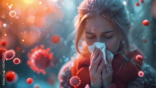 A woman sneezes into medical tissue. Surrounded by germs reflecting COVID-19 KP1 photo