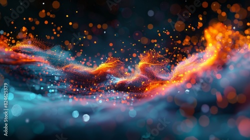 Vibrant backdrop of luminous particle waves and bokeh lights