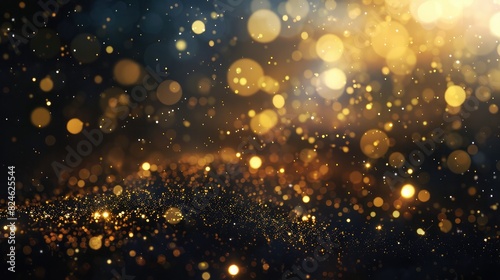 Golden glitter bokeh shiny dust particles lights abstract dark background  Golden lights bokeh defocus abstract background  Fancy gold black glitter sparkle background  glam happy birthday party 