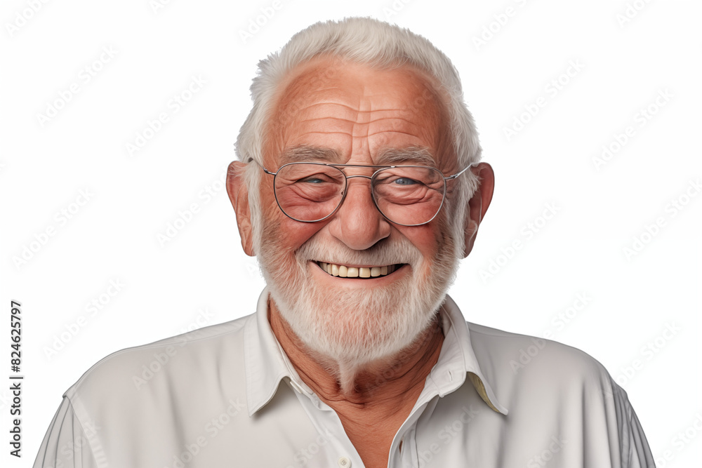 Smiling senior white man on white background. Topics related to old age. American. French. Retirement home. Retirement. Image for Graphic Designer. Senior residence. AI. Smiling senior white man on white background. Topics related to old age. American. French. Retirement home. Retirement. Image for Graphic Designer. Senior residence. AI.