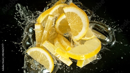 Freeze Motion of Flying Lemon Slices into Water, Black Background.