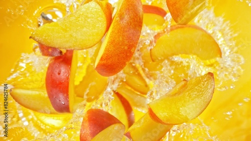 Freeze Motion of Flying Peaches Slices into Water, Colored Background.