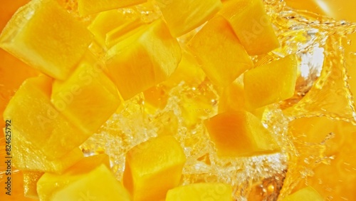 Freeze Motion of Flying Mango Slices into Water, Colored Background.