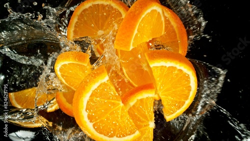 Freeze Motion of Flying Orange Slices into Water, Black Background.