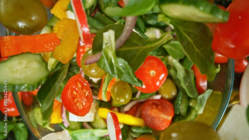 Top View of Flying Vegetable Pieces into Salad Bowl. Top View of Flying Vegetable Pieces into Salad Bowl.