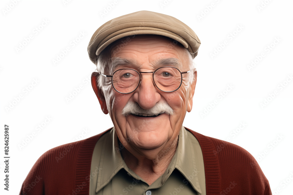 Smiling senior white man on white background. Topics related to old age. American. French. Retirement home. Retirement. Image for Graphic Designer. Senior residence. AI. Smiling senior white man on white background. Topics related to old age. American. French. Retirement home. Retirement. Image for Graphic Designer. Senior residence. AI.
