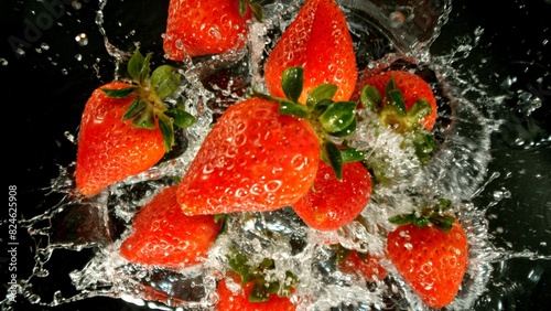 Freeze Motion of Flying Strawberries into Water, Black Background. photo