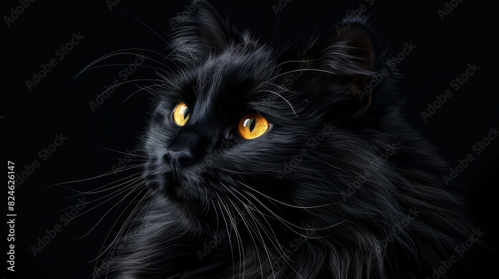 Realistic black cat portrait, vivid yellow eyes, detailed fur and lifelike features, isolated background, ideal for diverse design projects