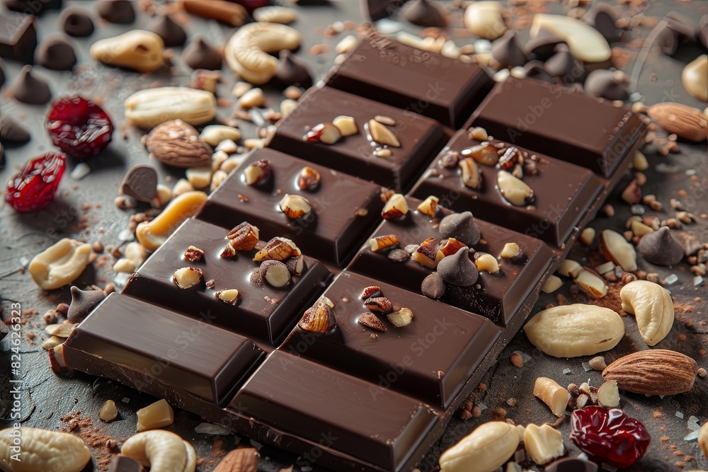 Detailed close up of a chocolate bar filled with assorted nuts, creating a rich and appetizing texture. Generative AI Detailed close up of a chocolate bar filled with assorted nuts, creating a rich and appetizing texture. Generative AI