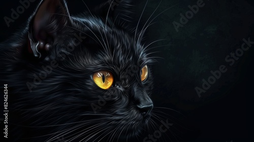 Realistic depiction of a black cat with intense yellow eyes, lifelike fur, isolated background, perfect for multiple design projects, expressive and detailed