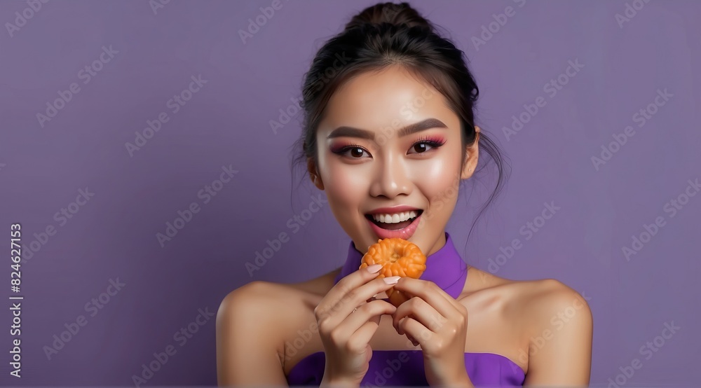 Beautiful attractive asian woman model happy expression eating cunchy snack Beautiful attractive asian woman model happy expression eating cunchy snack
