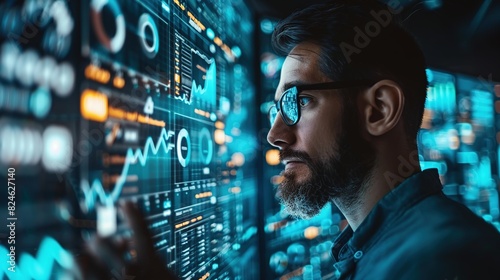 A focused man in glasses analyzes data on a large screen, illuminated by blue light. He works late into the night, determined to find insights.