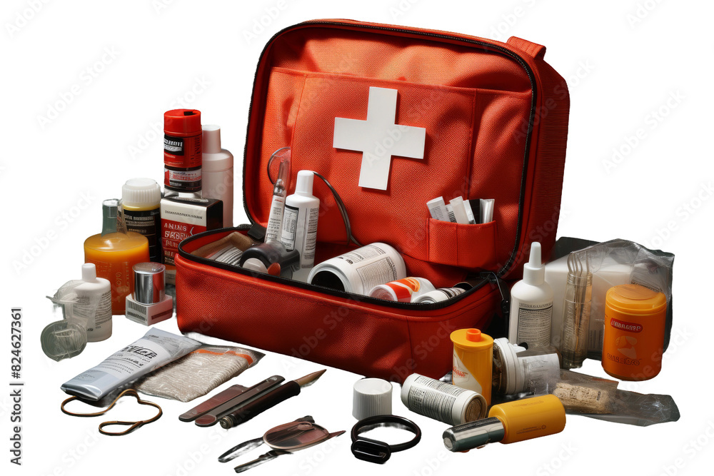 The Healing Arsenal: A First Aid Kit Brimming With Life-Saving Tools on a White or Clear Surface PNG Transparent Background. The Healing Arsenal: A First Aid Kit Brimming With Life-Saving Tools on a White or Clear Surface PNG Transparent Background.