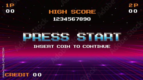 PRESS START INSERT A COIN TO CONTINUE .pixel art .8 bit game. retro game. for game assets .Retro Futurism Sci-Fi Background. glowing neon grid. and stars from vintage arcade computer games photo