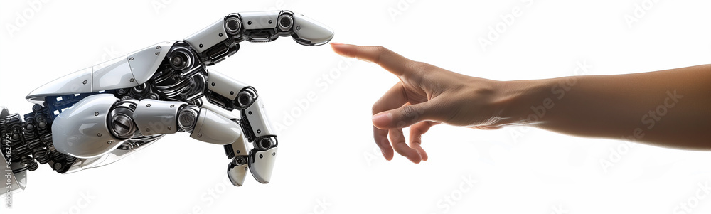 Panoramic view of a robot hand reaching out to touch the fingertip of an African American human arm against a white background. Isolated hands highlight the connection between technology and humanity. Panoramic view of a robot hand reaching out to touch the fingertip of an African American human arm against a white background. Isolated hands highlight the connection between technology and humanity.