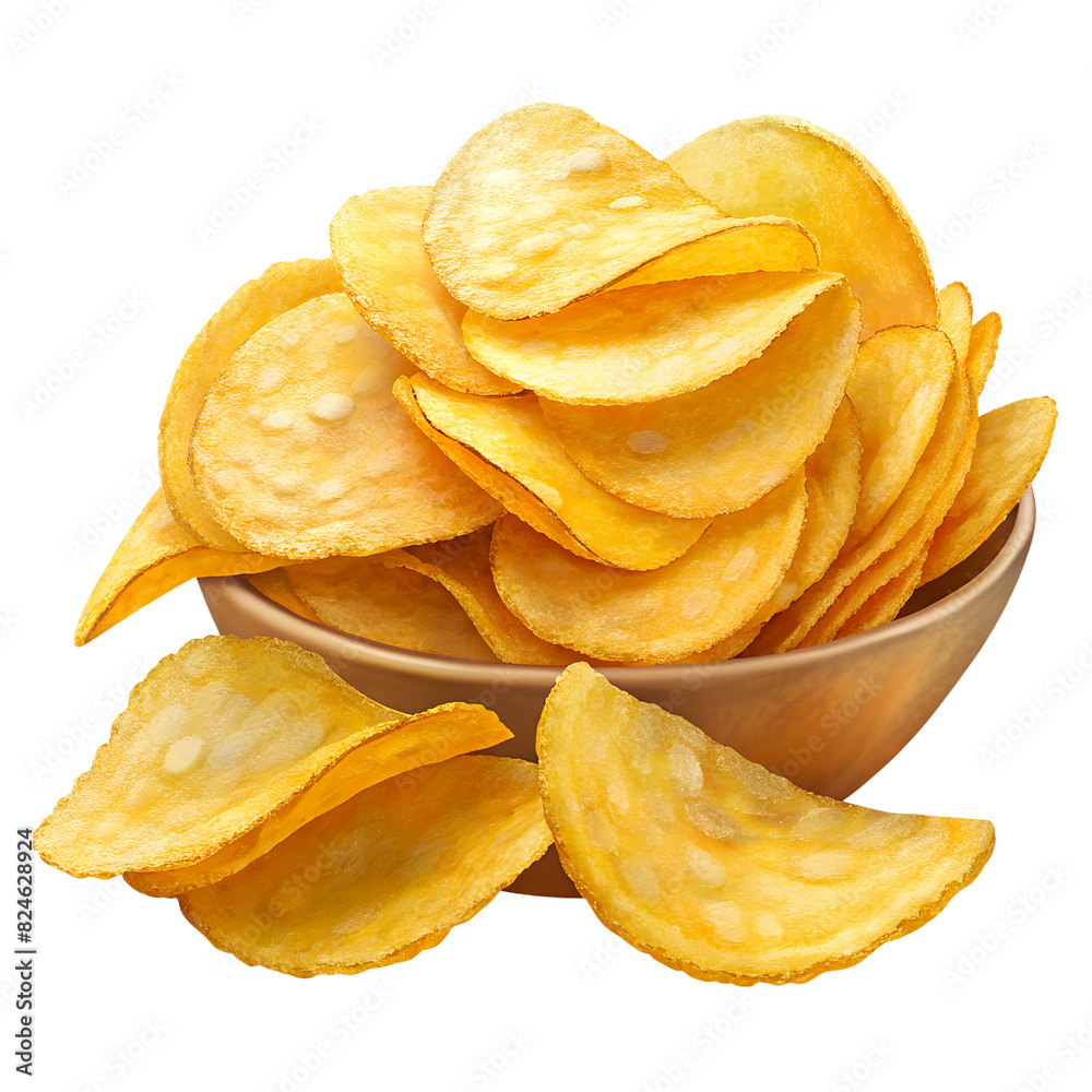 Potato chips in a round bowl, AI generated, isolated on transparent background, PNG. Potato chips in a round bowl, AI generated, isolated on transparent background, PNG.