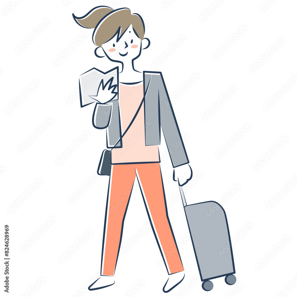 地図を見ながらキャリーケースをひいて歩く若い女性 地図を見ながらキャリーケースをひいて歩く若い女性