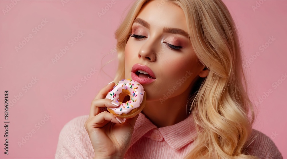 Beautiful attractive blonde woman model eating donut Beautiful attractive blonde woman model eating donut