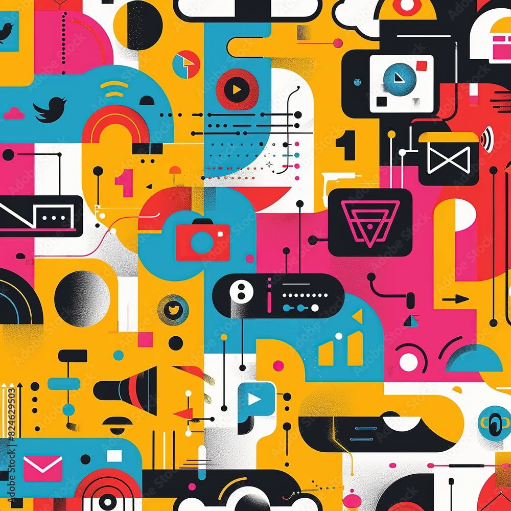Abstract digital illustration with colorful geometric shapes, icons, and lines. Abstract digital illustration with colorful geometric shapes, icons, and lines.