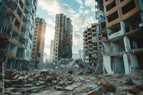 A building is in ruins, Scene is one of destruction and chaos