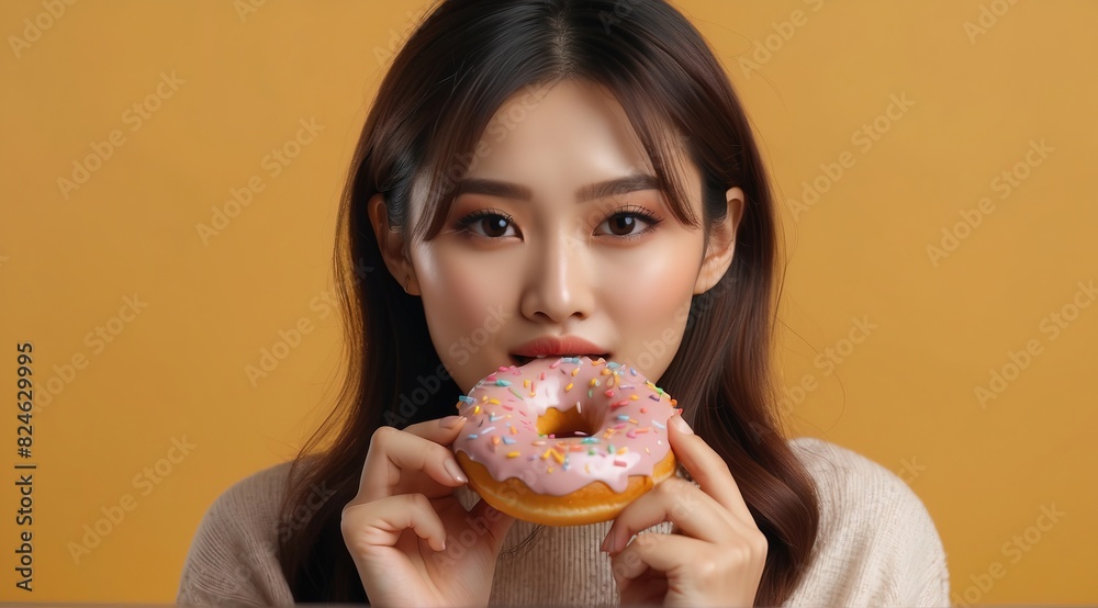 Beautiful attractive asian woman model eating donut Beautiful attractive asian woman model eating donut