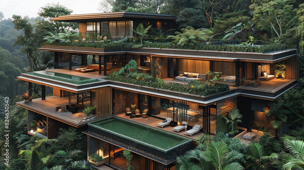 An eco-friendly villa, featuring wooden structures with terraces overlooking green landscapes. rooftop pools surrounded by water features that create a serene atmosphere on two levels. Generative AI.