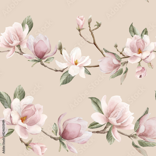 Light pink magnolia branch. Watercolor floral seamless pattern on beige background for flower fabric  cosmetic packaging