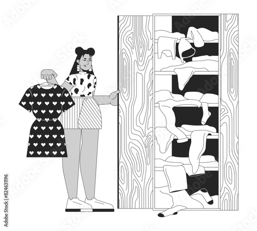 Displeased woman at wardrobe black and white cartoon flat illustration. Female near full closet cartoon outline character isolated on white. Overconsumption monochrome scene vector outline image