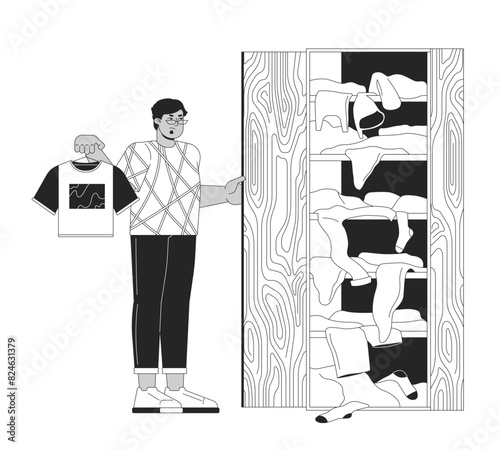 Unsatisfied arab man at full wardrobe black and white cartoon flat illustration. Male shopaholic cartoon outline character isolated on white. Overconsumption monochrome scene vector outline image