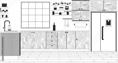Comfortable kitchen with minimalist furniture black and white line illustration. Food cooking place at home 2D interior monochrome background. Domestic lifestyle outline scene vector image
