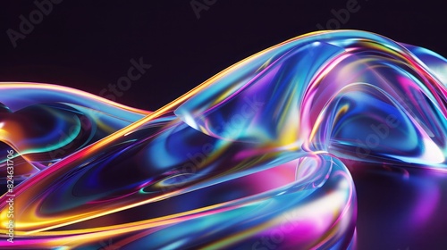 abstract 3d render holographic iridescent neon typography of curved wave in motion background, gradient design element for banners, black background, wallpaper, highly detailed