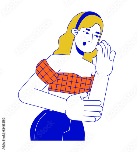 Shocked caucasian woman covering mouth with hand 2D linear cartoon character. Emotional european female isolated line vector person white background. Surprise color flat spot illustration