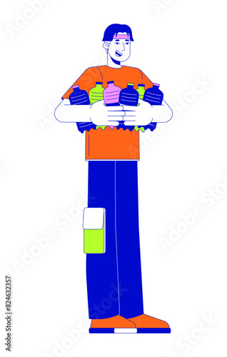 Happy asian man holding water bottles 2D linear cartoon character. Korean male with excess drinks isolated line vector person white background. Overconsumption color flat spot illustration