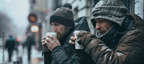 two homeless men drinking boiling water from paper cups on the street, cold cloudy day © Natalia
