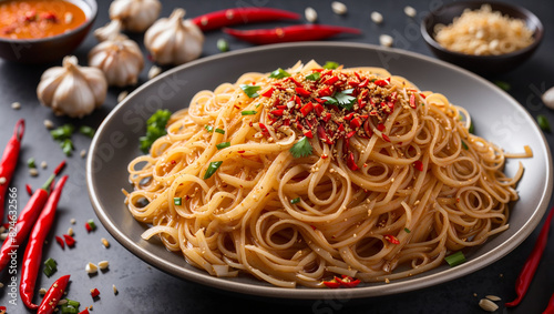  plate of noodles with chili peppers  garlic  and parsley on a dark background.