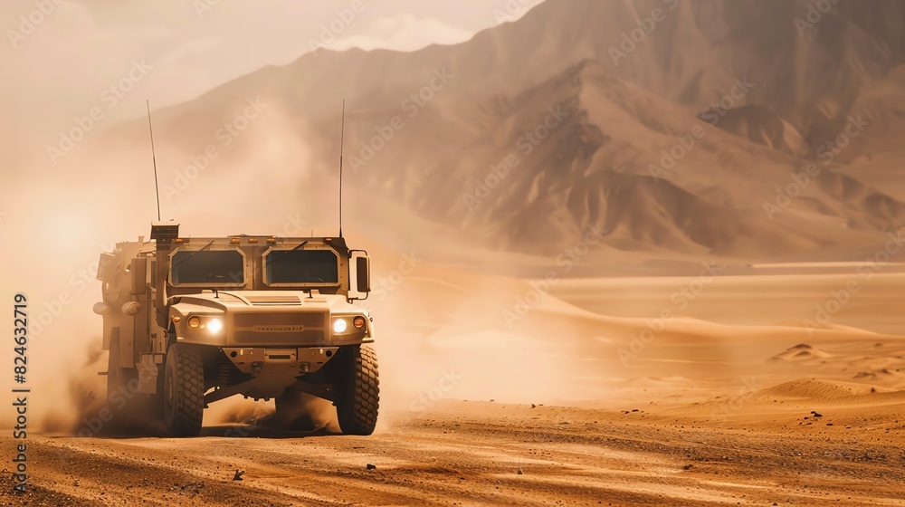 A military truck driving through a desert landscape