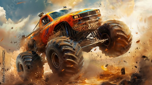A monster truck crushing cars in a dirt arena with an excited crowd photo