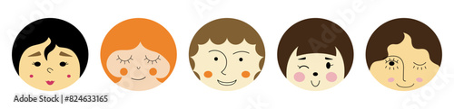 Various avatars, pleasant girlish faces. Colored shapes, cartoon persons, woman appearance. Illustration on white background.