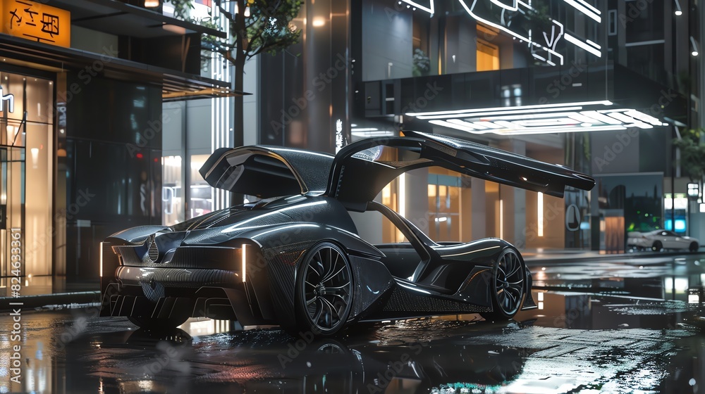 A sleek car with gullwing doors parked in an urban setting A sleek car with gullwing doors parked in an urban setting