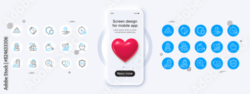 Phone mockup with 3d heart icon. Nurse, Skin care and Uv protection line icons. Pack of Medical pills, Medical drugs, Apple carrot icon. Vaccination, Quarantine, Heart beat pictogram. Vector