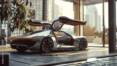 A sleek car with gullwing doors parked in an urban setting photo