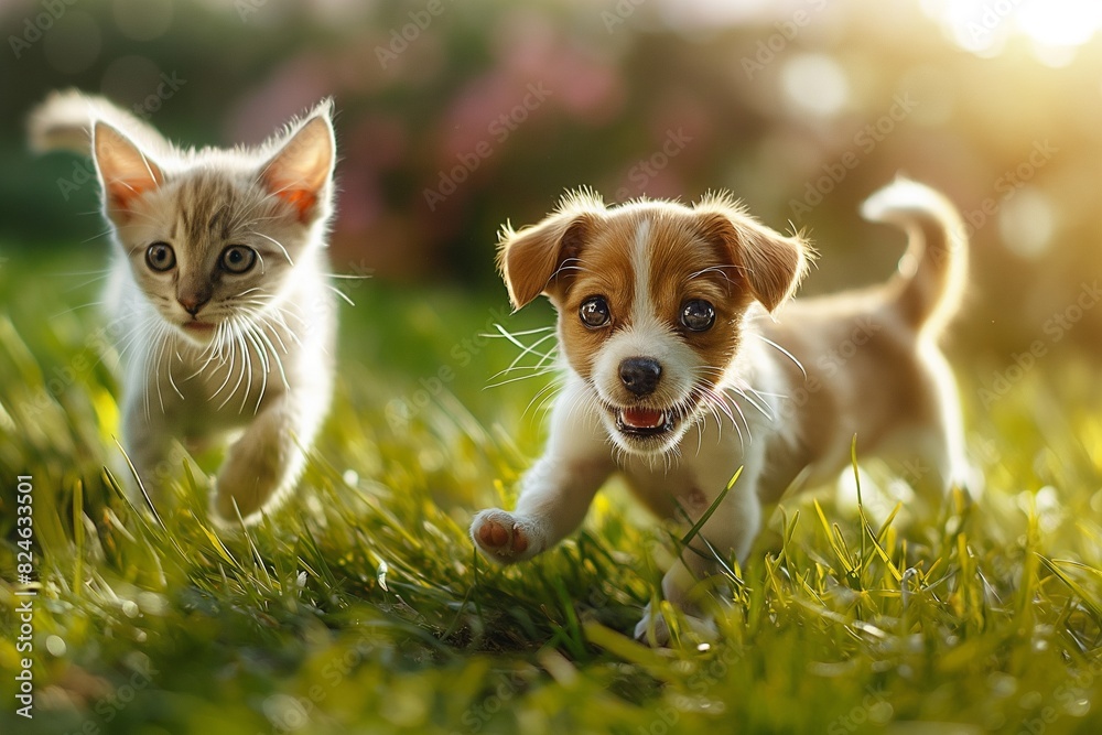 A dog and cat running on green grass, with summer sun shining. Cute and playful pets, highlighting their friendship and bonding. Horizontal. Space for copy. A dog and cat running on green grass, with summer sun shining. Cute and playful pets, highlighting their friendship and bonding. Horizontal. Space for copy.