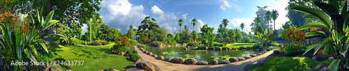 panorama scene of greenery garden of city